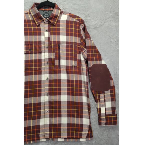 Wrangler Mens ATG Flannel Size Small Trapper Long Sleeve Brown Plaid Elbow Pads - Picture 7 of 10